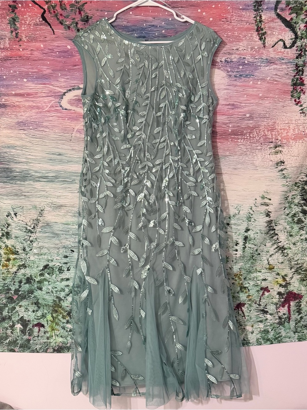 Alex Evenings Sage Green Leaf-Embellished Cap-Sleeve Midi Dress
